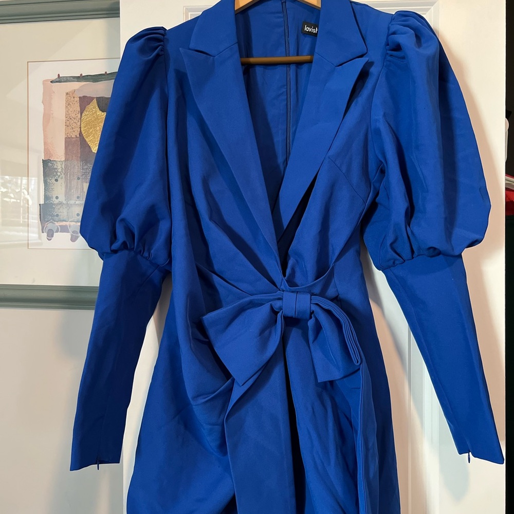 Lavish Alice Blue Wrap Dress with Puff Sleeves and Notched Collar